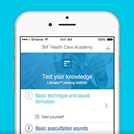 Écran de smartphone avec section d'évaluation de l'application Littmann LearningInstitute.
