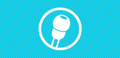 Icône représentant un embout auriculaire en blanc sur fond cyan.
