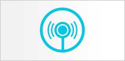 Icône cyan circulaire représentant un pavillon de stéthoscope Littmann et des ondes sonores.
